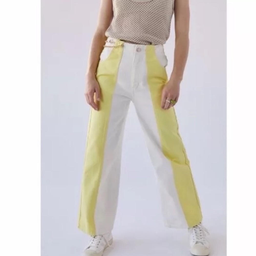 BDG High Waisted Wide Leg‎ Jeans Colorblock Yellow Cream Size 26